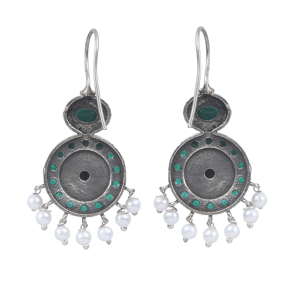 Oxidized silver earrings with green stones circular design and pearl drop danglers