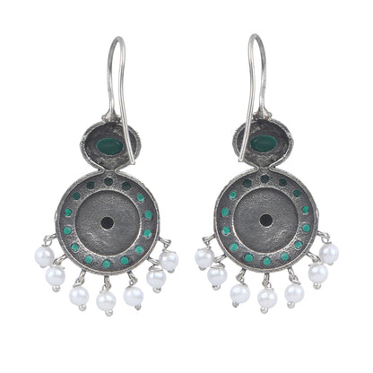 Oxidized silver earrings with green stones circular design and pearl drop danglers
