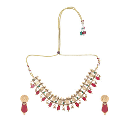 Aviana gold plated temple necklace set with red drops, green stones, and matching earrings on white background