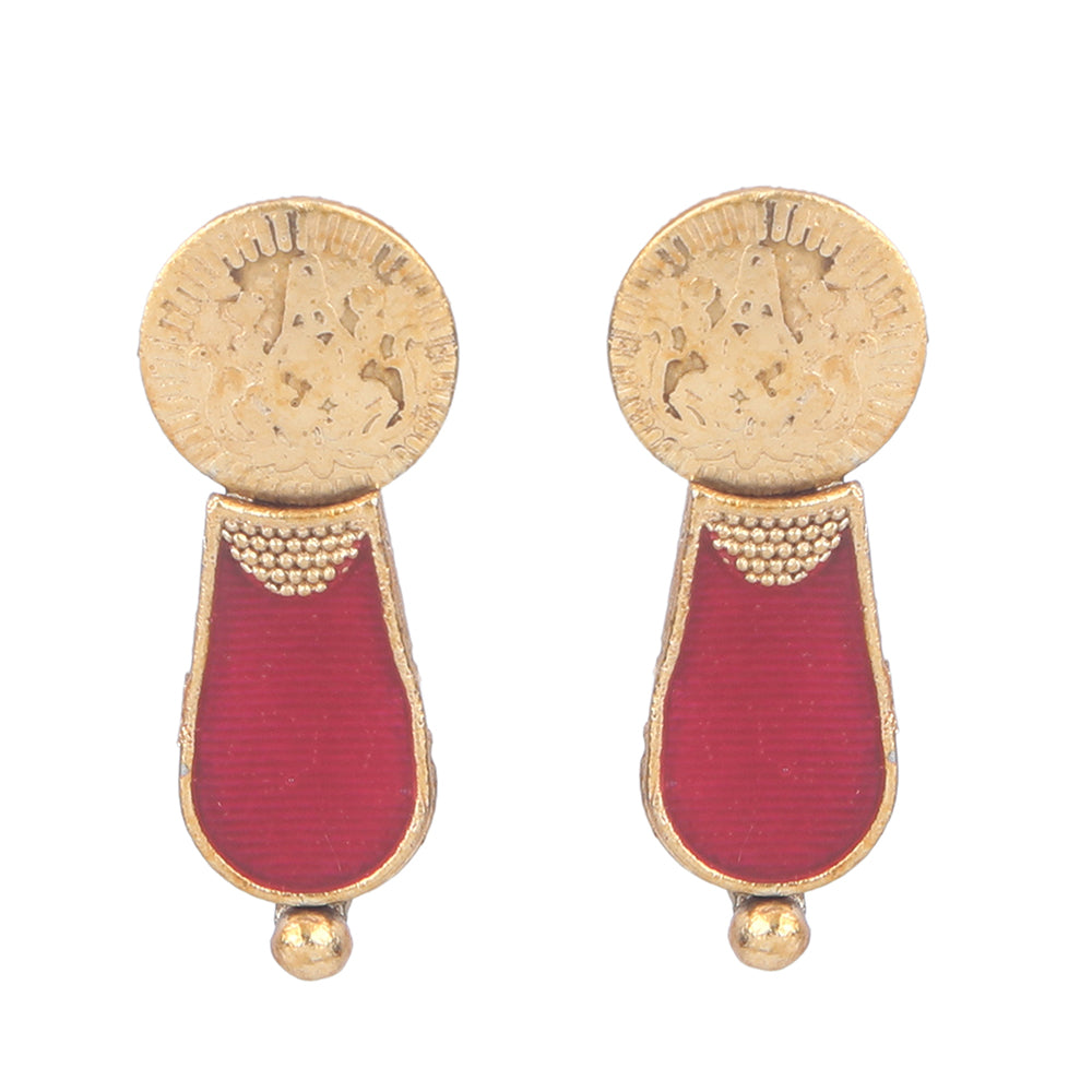 Aviana gold plated temple necklace set with red drops, green stones, and matching earrings on white background