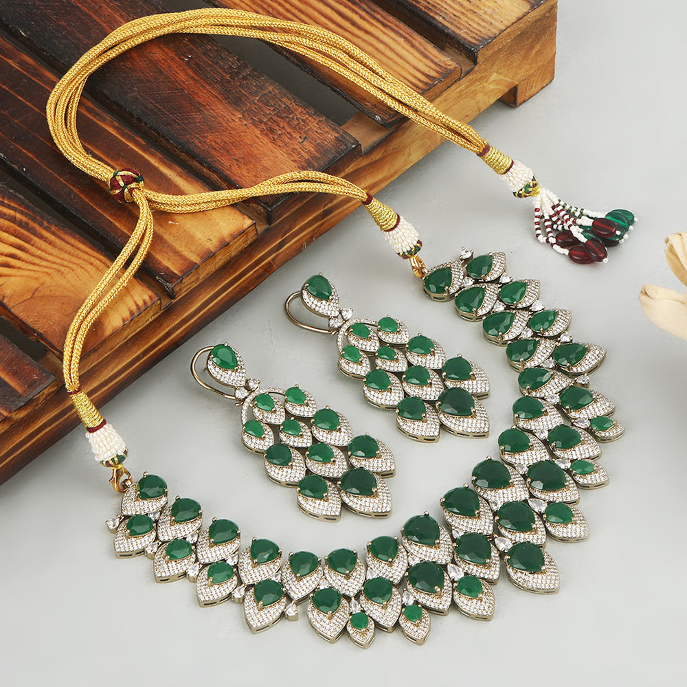 Luxury green stone bridal necklace set with matching earrings, gold plated statement jewelry for weddings and parties