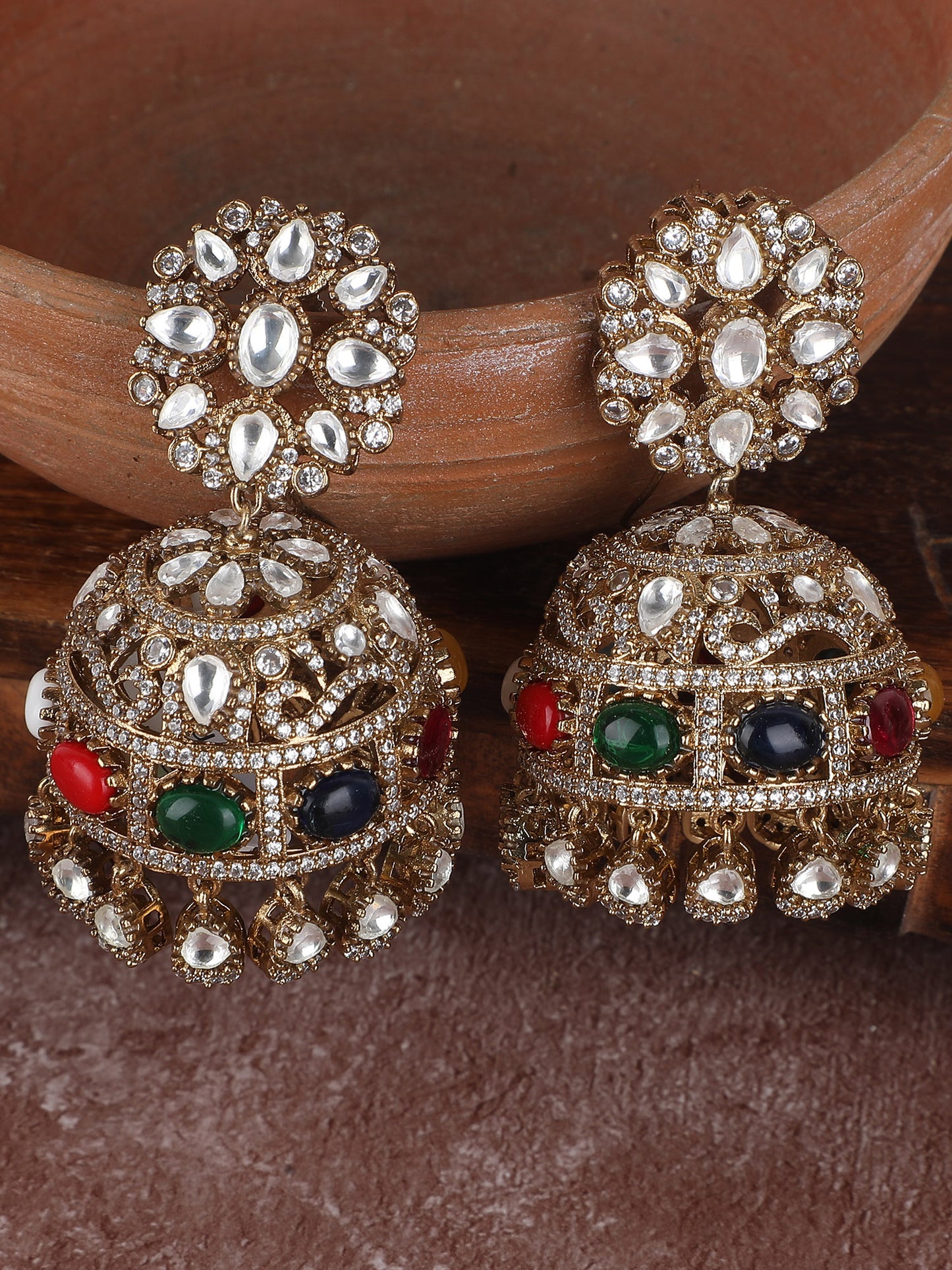 Gold Plated Dome Shaped Stone Studded Jhumka earrings set