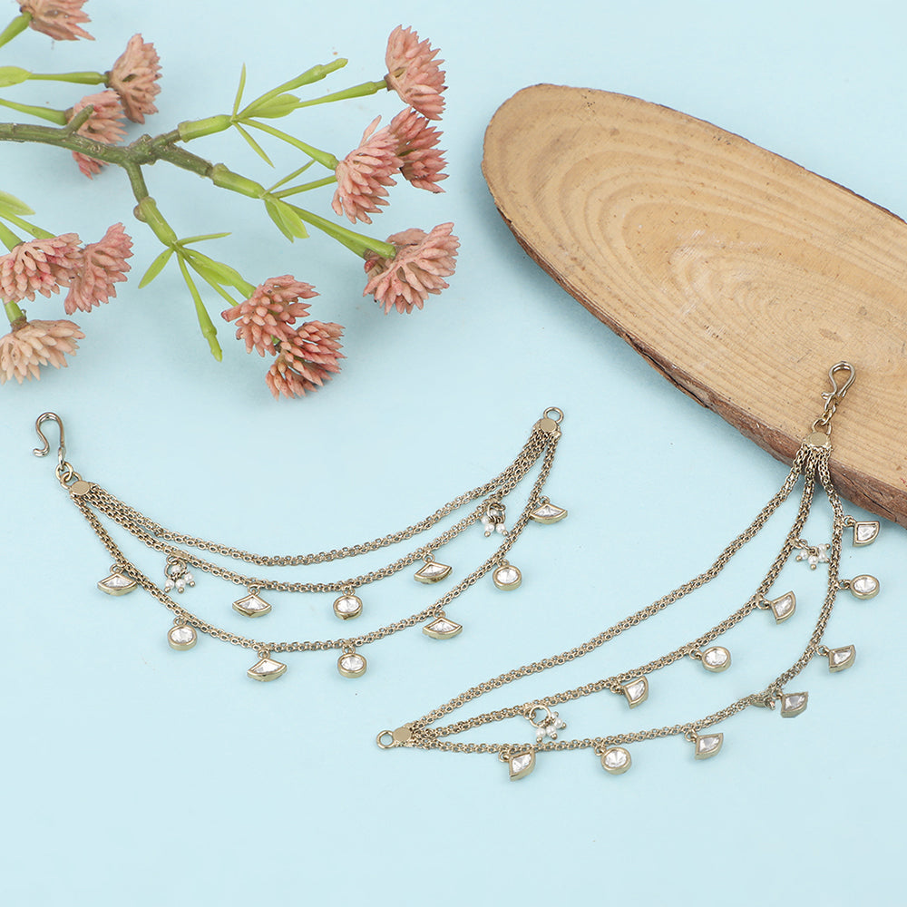 Gold-plated crystal multi-layer kaan chain for women with dangling charms, bridal ear chain accessory for weddings and festive wear.