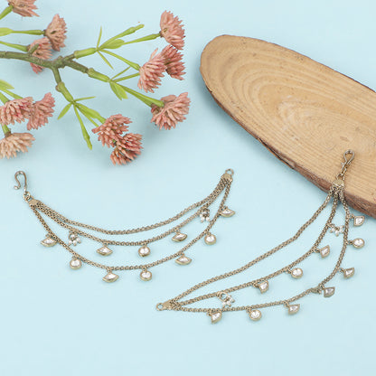 Gold-plated crystal multi-layer kaan chain for women with dangling charms, bridal ear chain accessory for weddings and festive wear.