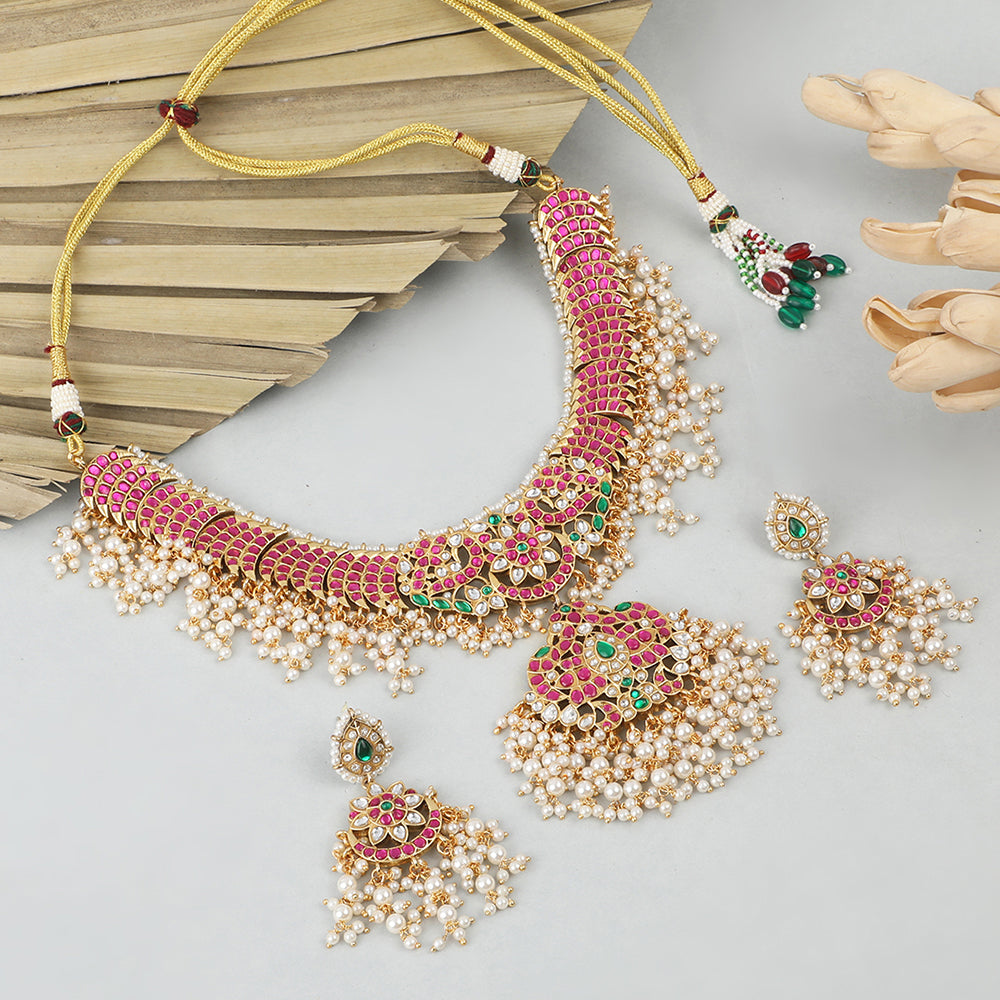 Pink kundan bridal necklace set with pearl drops and matching earrings, gold plated traditional wedding jewelry