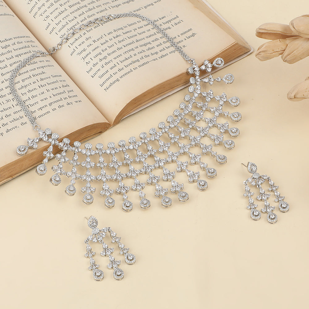 Silver plated American diamond necklace set with cascading drop design and matching chandelier earrings for women bridal jewelry