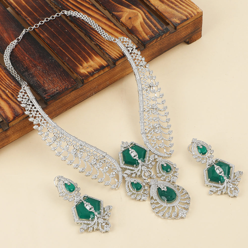 Silver plated green stone bridal necklace set with matching earrings featuring CZ diamond detailing and elegant pendant design