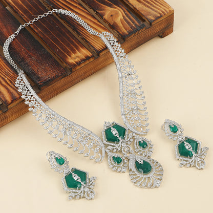 Silver plated green stone bridal necklace set with matching earrings featuring CZ diamond detailing and elegant pendant design