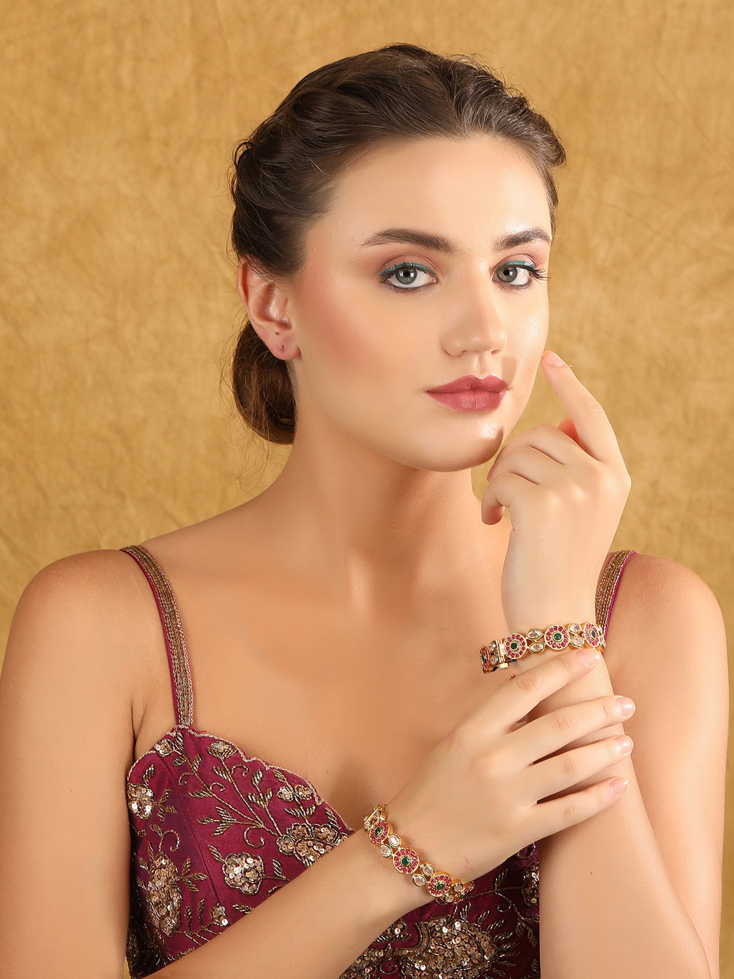 Gold-Plated Contemporary-Shaped Kundan Studded Bangle Set