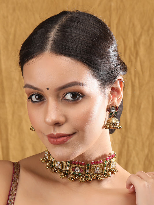 Gold-Toned & White Gold Plated Kundan-Polki Handcrafted Choker Necklace Set