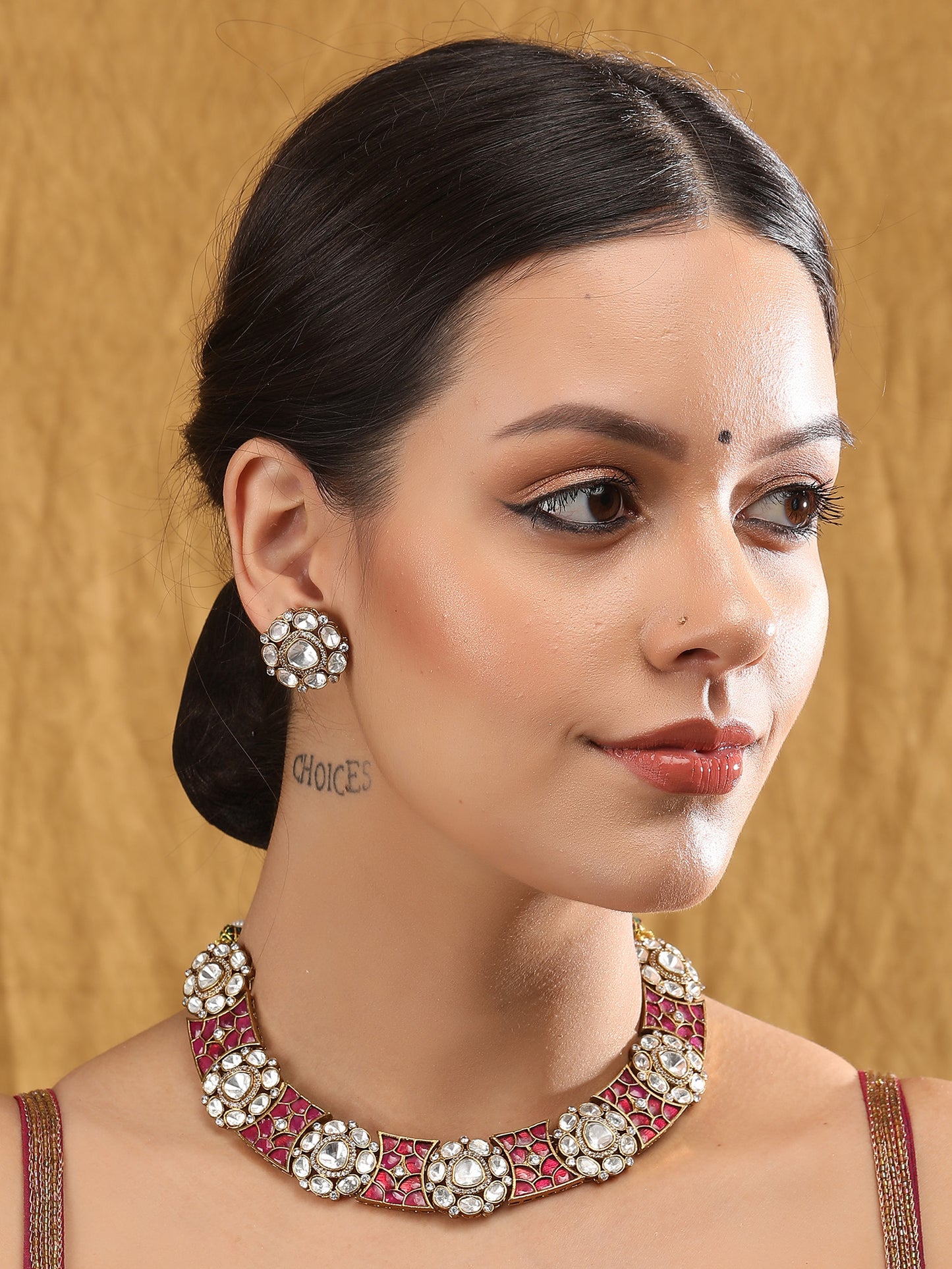 Rose Gold Contemporary Necklace Set with White Kundan & Polki Stones