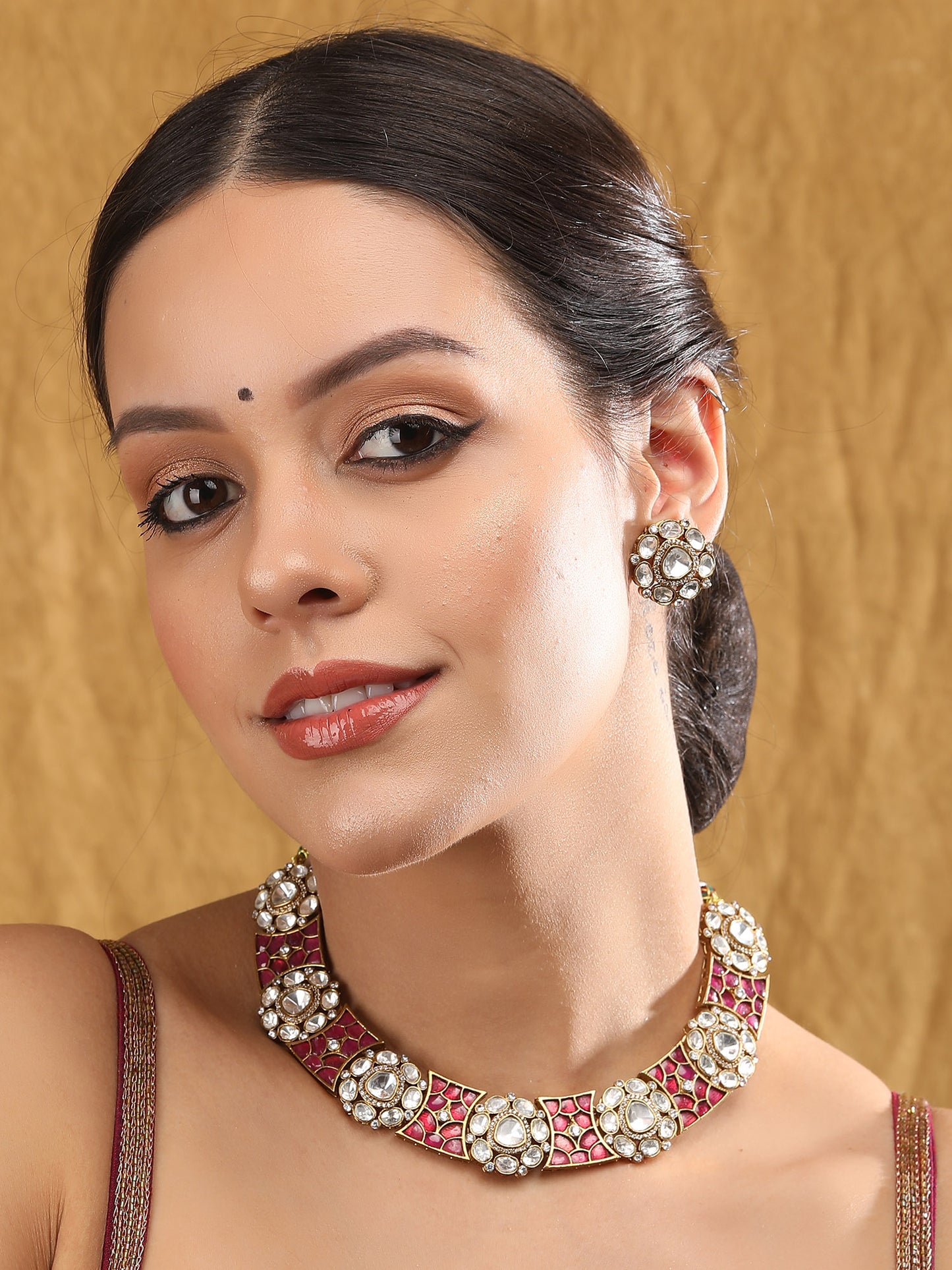 Rose Gold Contemporary Necklace Set with White Kundan & Polki Stones