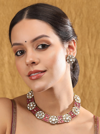 Rose Gold Contemporary Necklace Set with White Kundan & Polki Stones