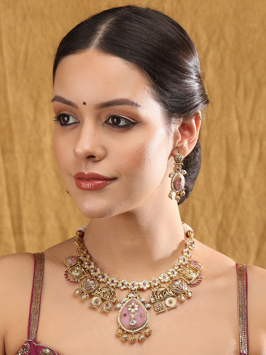 Gold-Toned & White Gold Plated Kundan-Polki Handcrafted Beaded Necklace Set