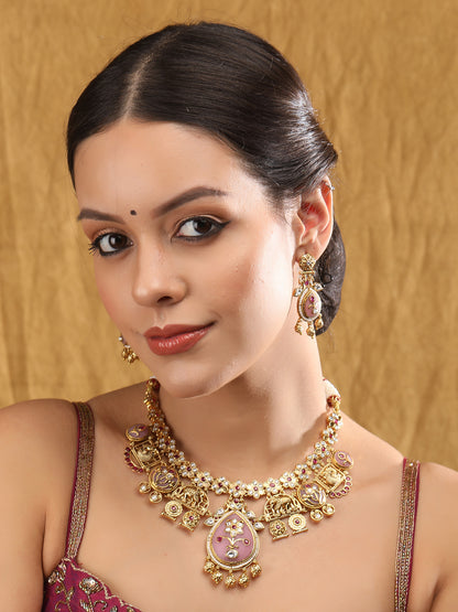 Gold-Toned & White Gold Plated Kundan-Polki Handcrafted Beaded Necklace Set