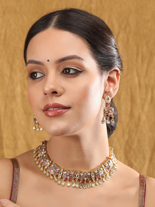 Exquisite Gold-Plated Kundan-Polki Choker Necklace Set