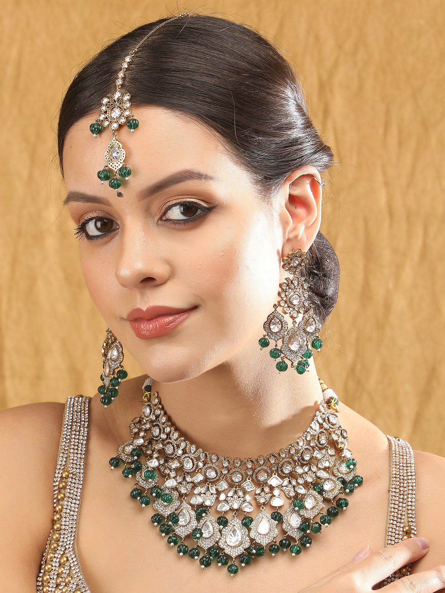 Two-Toned & White Gold-Plated Handcrafted Kundan Polki Beaded Necklace Set