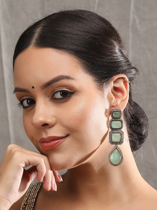 Green Zircon-Styled Two-Toned & White Gold Plated Handcrafted Beaded Earrings