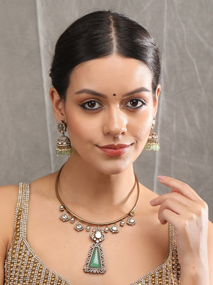 Gold-Toned & White Gold Plated Kundan-Polki Handcrafted Beaded Necklace Set