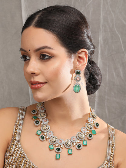 Multicolor Zircon-Styled Gold-Toned & White Gold Plated Handcrafted Necklace Set