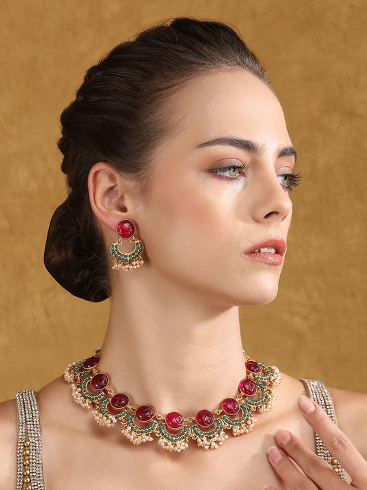 Gold Plated Red Stone Necklace Set with Earrings