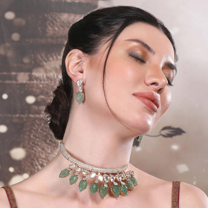 Necklace Set with Green Leaf Motifs and Crystal Accents