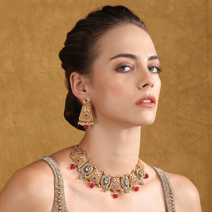 Antique Gold-Plated Temple-Style Choker Jewelry Set with Red Beads