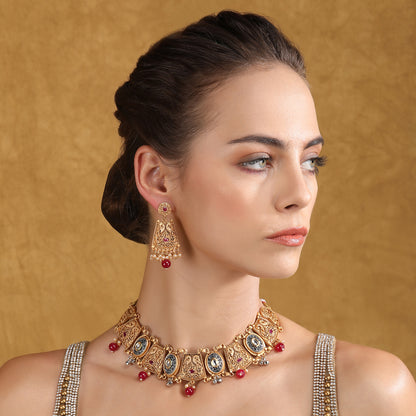 Antique Gold-Plated Temple-Style Choker Jewelry Set with Red Beads