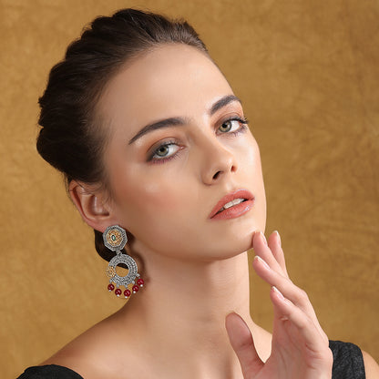 Gold-Plated Oxidized Chandelier Earrings with Red Beads