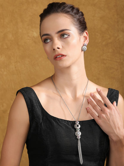 Silver Plated Gemstone Studded Necklace With Earrings Matching Jewellery Set