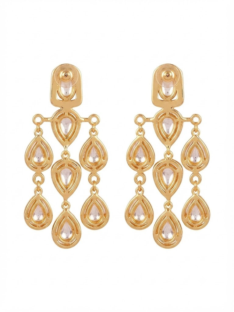 "Gold-plated American Diamond chandelier earrings with multi-tier teardrop CZ clusters, statement party wear earrings on white background"