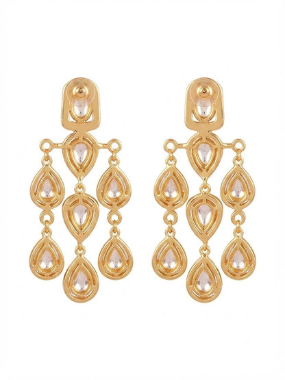 "Gold-plated American Diamond chandelier earrings with multi-tier teardrop CZ clusters, statement party wear earrings on white background"