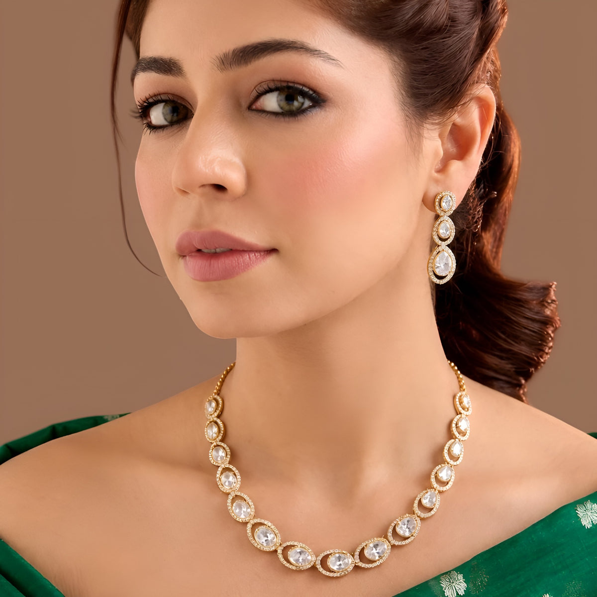 Rose gold American diamond oval link necklace set with matching three-tier drop earrings by Auraa Trends