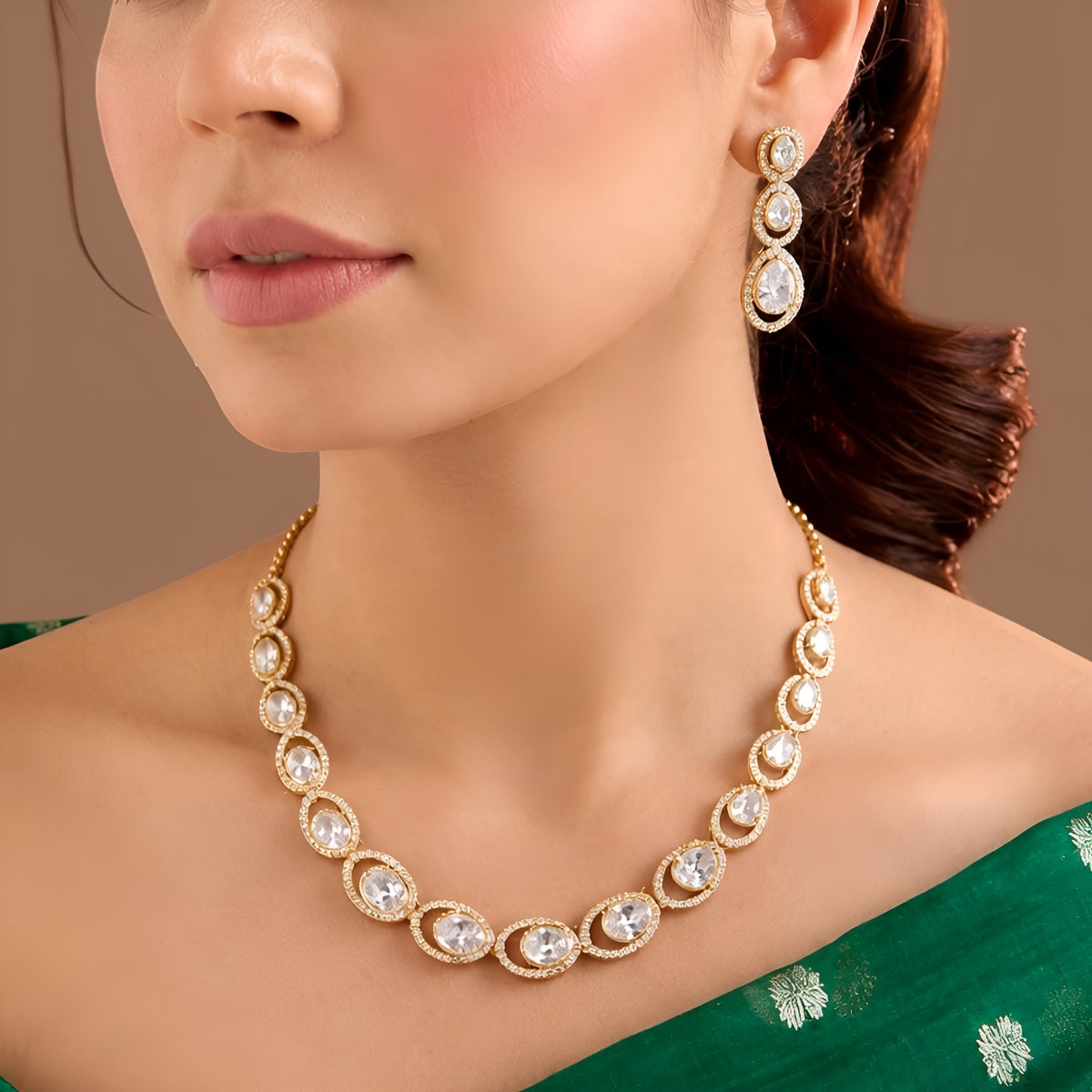 Rose gold American diamond oval link necklace set with matching three-tier drop earrings by Auraa Trends