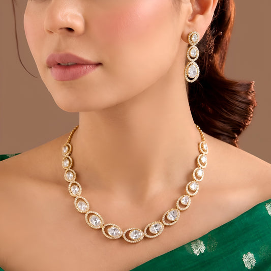Rose gold American diamond oval link necklace set with matching three-tier drop earrings by Auraa Trends