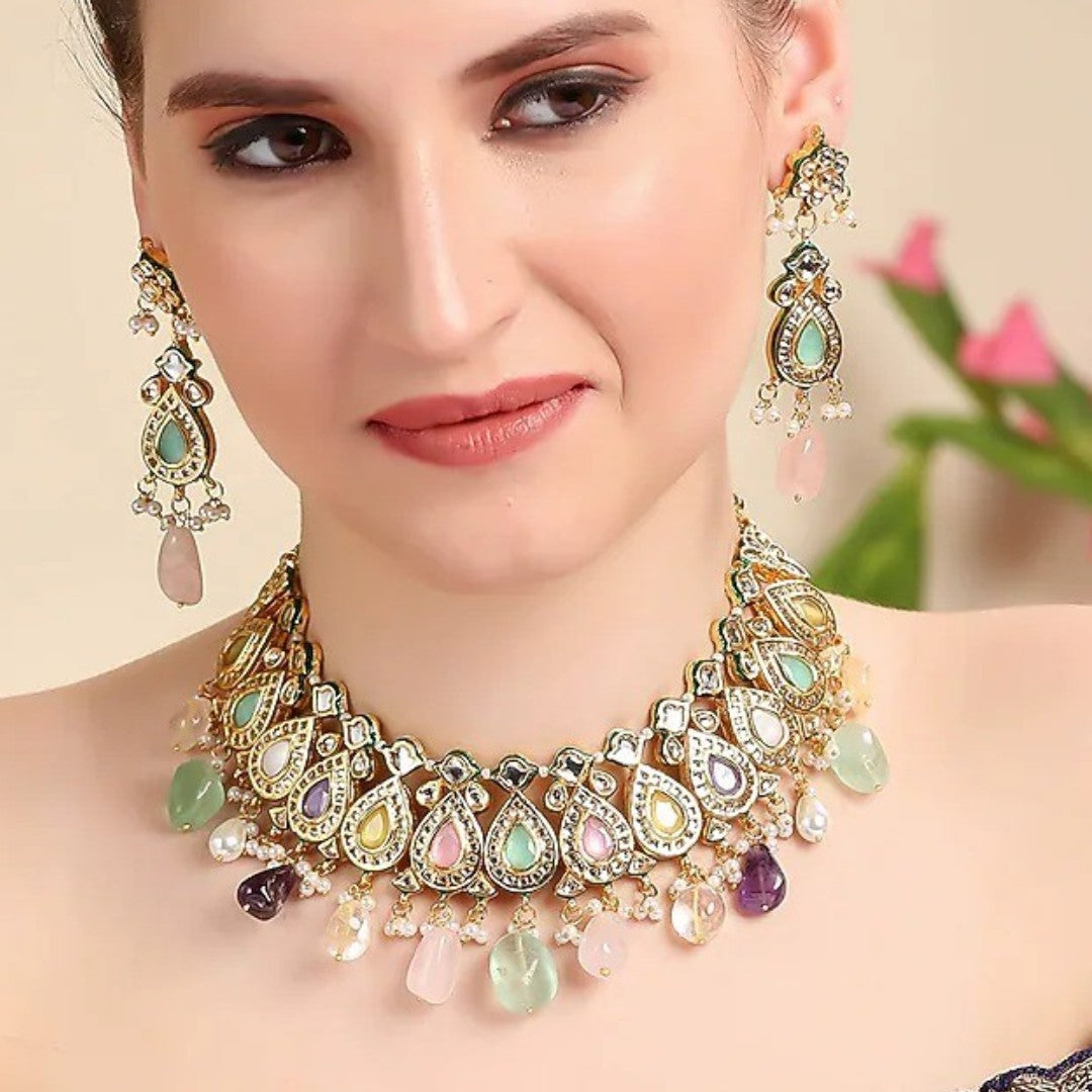 Multicolour kundan choker necklace set with gemstone drops and matching drop earrings