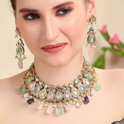 Multicolour kundan choker necklace set with gemstone drops and matching drop earrings