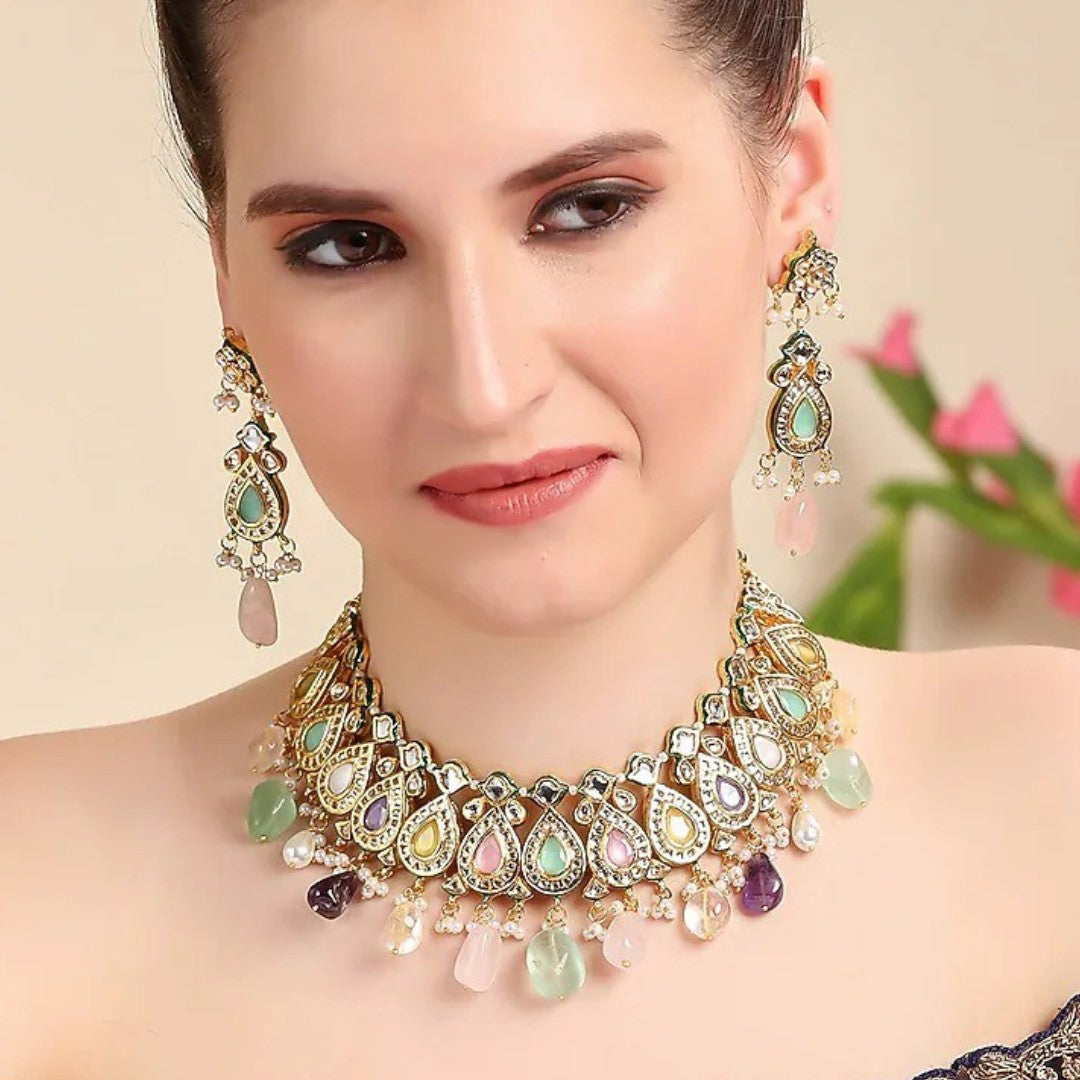 Multicolour kundan choker necklace set with gemstone drops and matching drop earrings