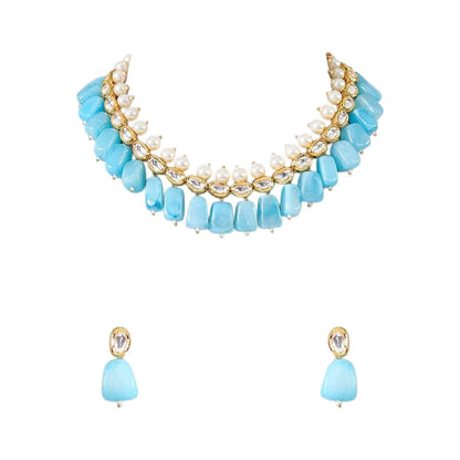 Turquoise amazonite kundan choker necklace with pearl drops and matching earrings