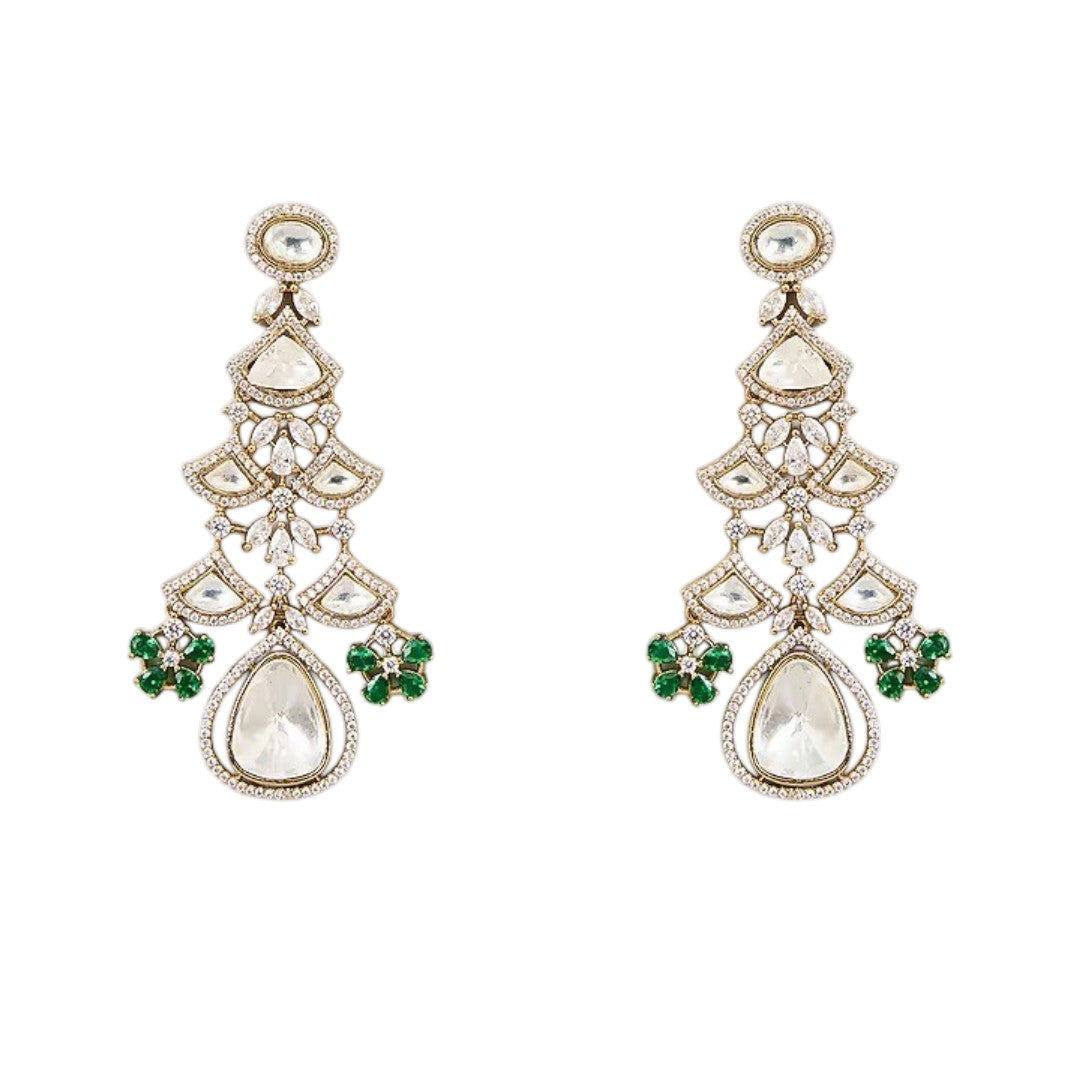 Shop this grand Kundan net-style choker with emerald floral accents & chandelier earrings. Perfect for bridal & festive occasions. Order now!