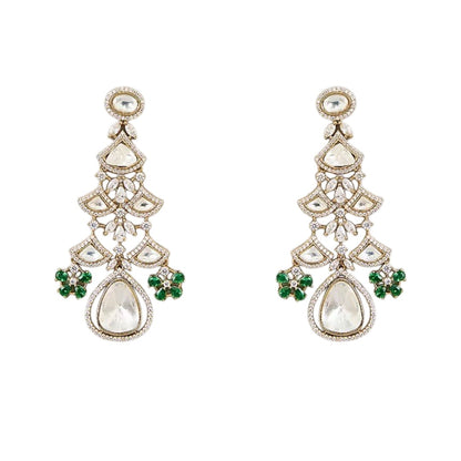 Shop this grand Kundan net-style choker with emerald floral accents & chandelier earrings. Perfect for bridal & festive occasions. Order now!
