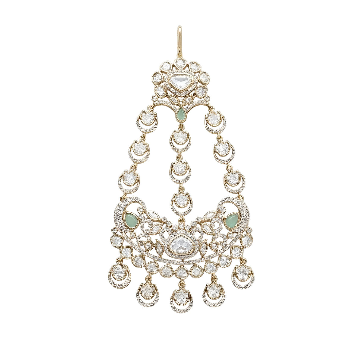 Gold-finish polki-style passa with crescent-moon drops, clear stones, mint-green pear stones, and American diamond filigree