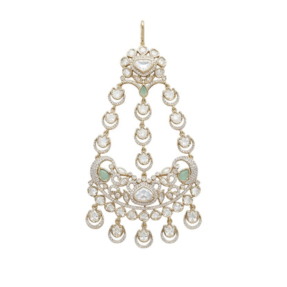 Gold-finish polki-style passa with crescent-moon drops, clear stones, mint-green pear stones, and American diamond filigree