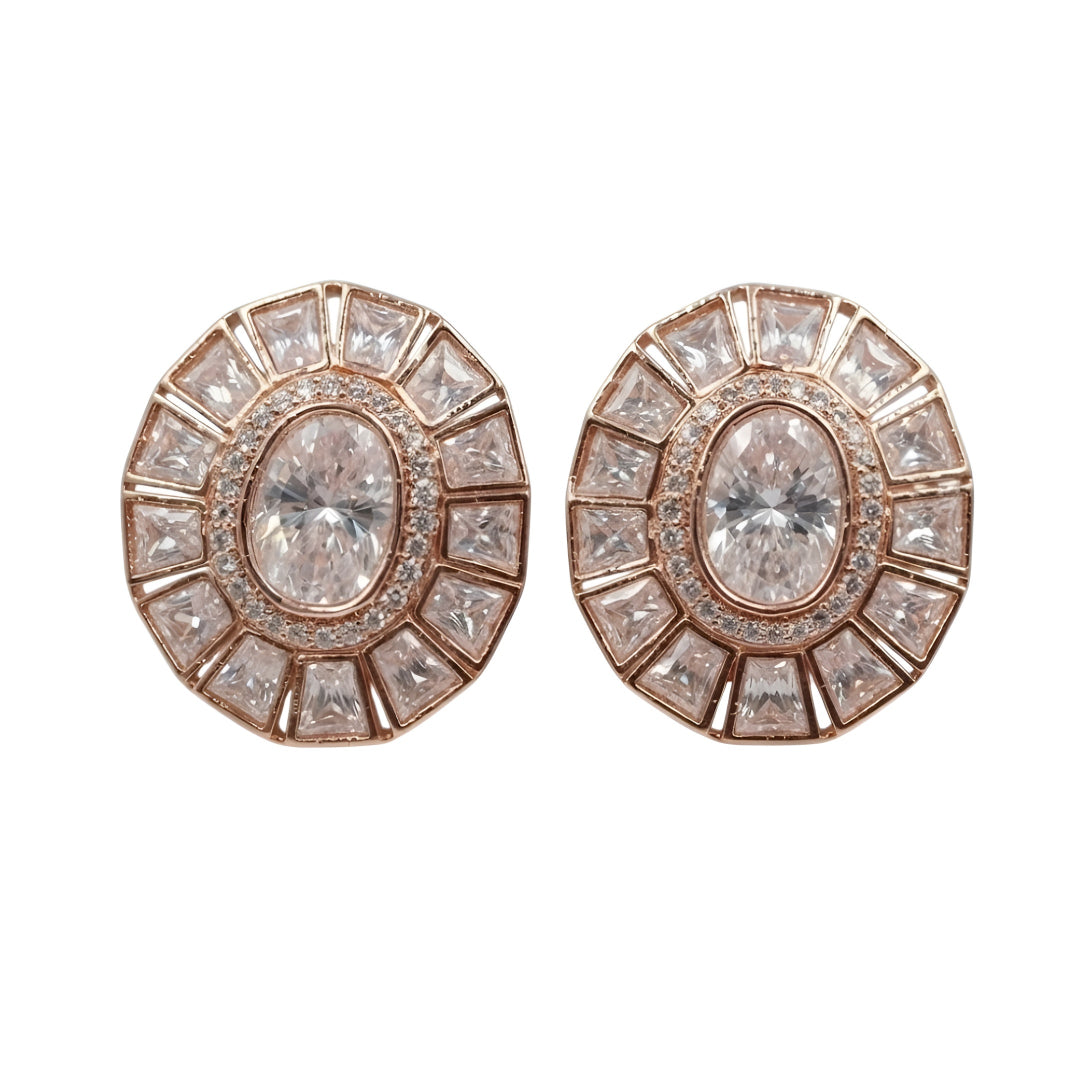 Pair of rose gold-plated oval stud earrings with white stone sunburst halo design on white