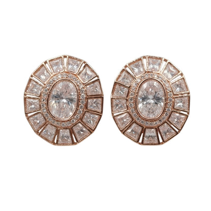Pair of rose gold-plated oval stud earrings with white stone sunburst halo design on white