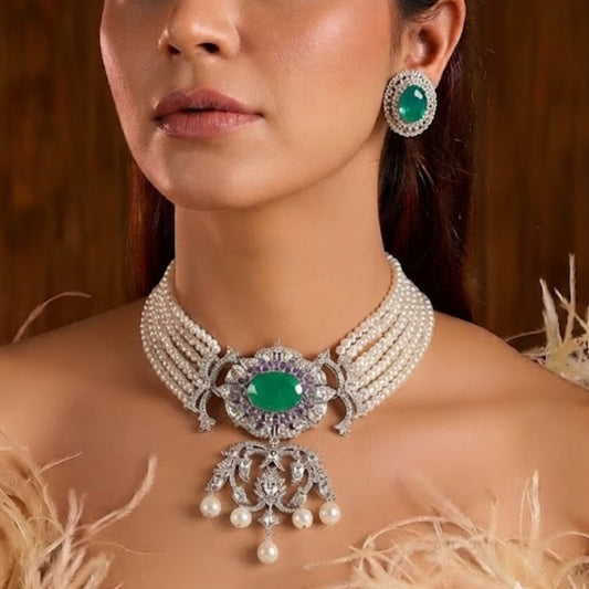 Emerald Green Pearl Choker Necklace Set with American Diamonds and Matching Stud Earrings for Women