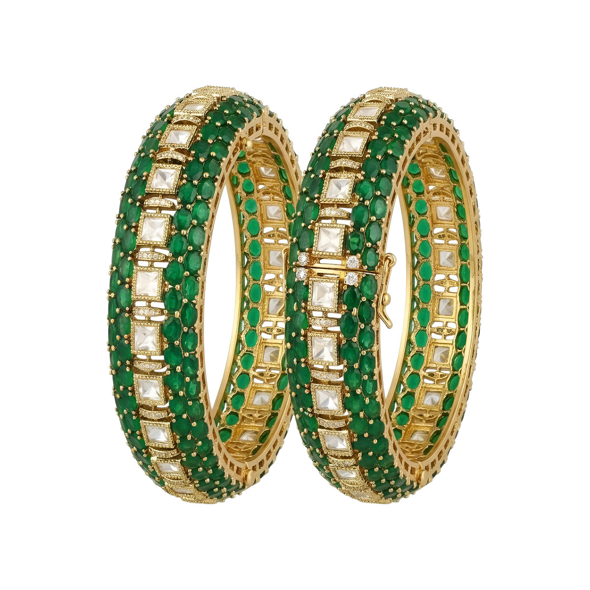 Pair of gold-finish openable kada bangles with emerald-green oval stones, a centre row of polki-style clear square stones, and American diamond detailing