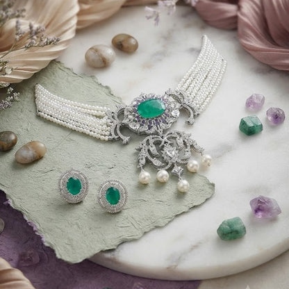 Emerald Green Pearl Choker Necklace Set with American Diamonds and Matching Stud Earrings for Women