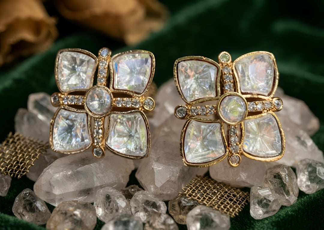 Gold CZ Clover Stud Earrings with Pave Detailing