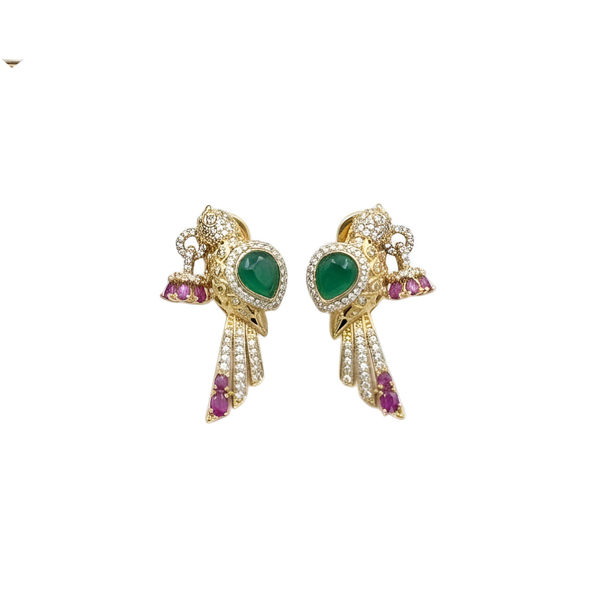 Gold-tone American diamond rigid choker with bird motif, emerald-green stone, ruby-pink flowers and ruby cage drop with matching bird earring on a grey display bust